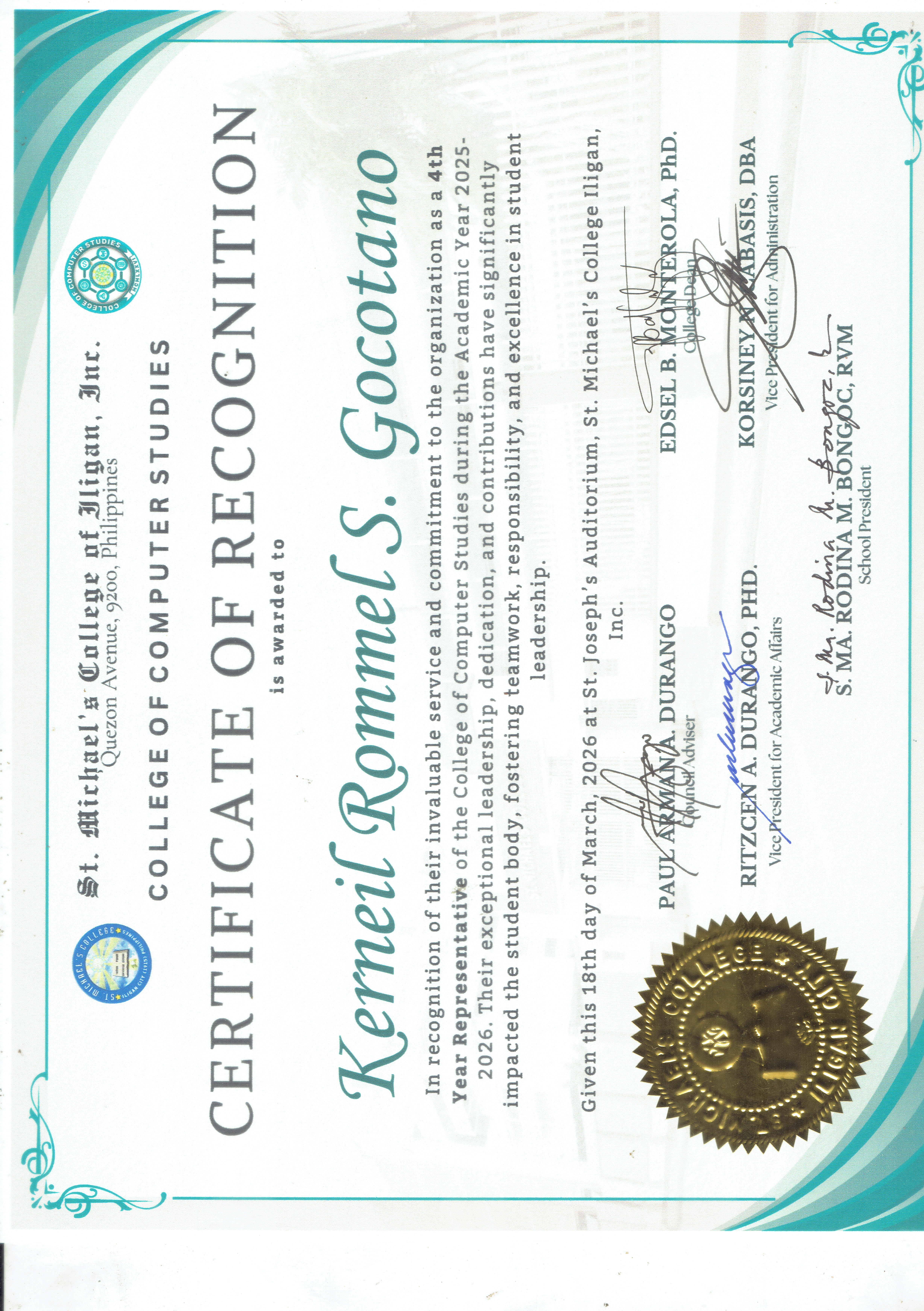 4th Year Representative Recognition