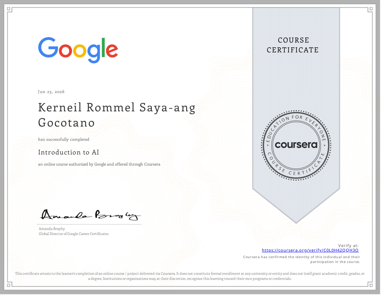 Google AI Essentials: Introduction to AI certificate