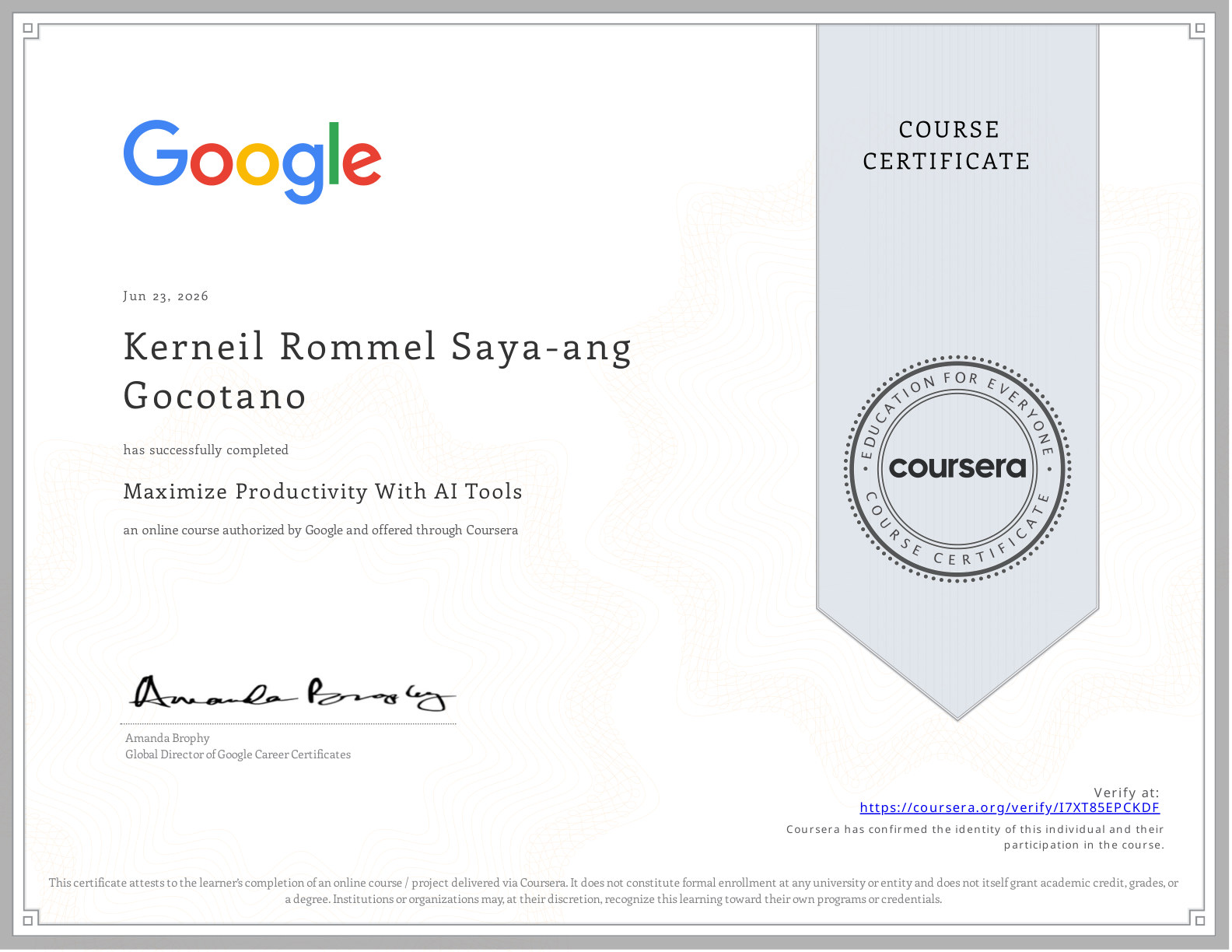 Google AI Essentials: Maximize Productivity With AI Tools certificate