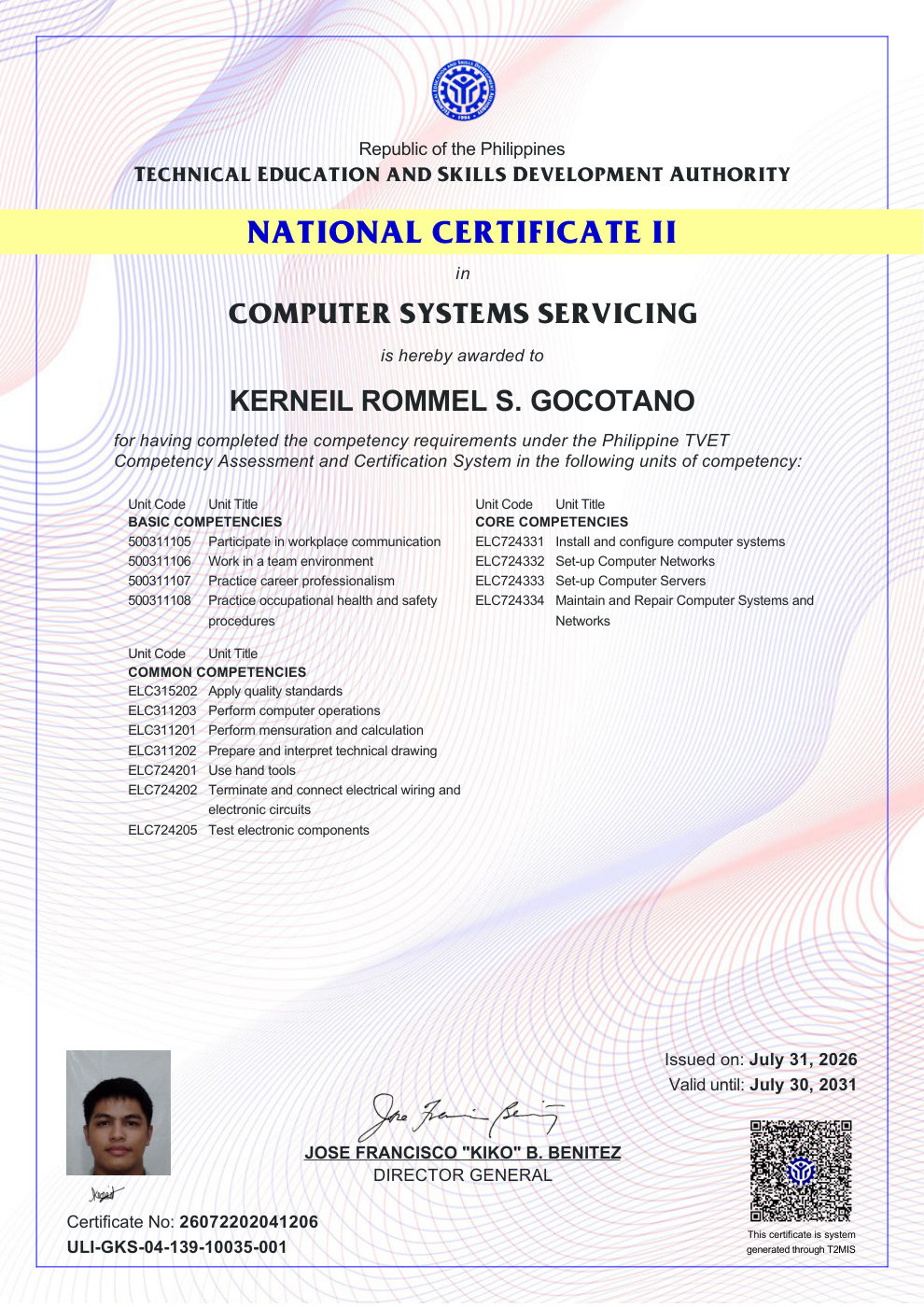 National Certificate II — Computer Systems Servicing certificate
